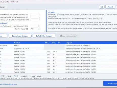 Excel-Generator für Leistungsverzeichnisse