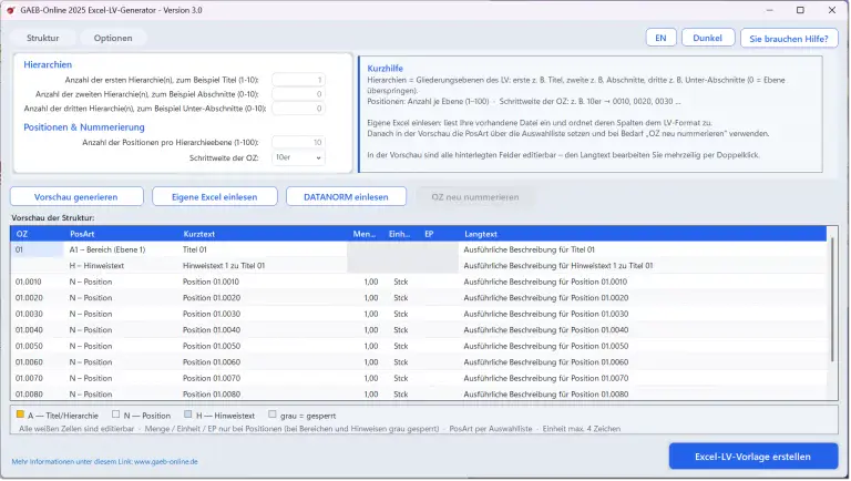 Excel-Generator für Leistungsverzeichnisse