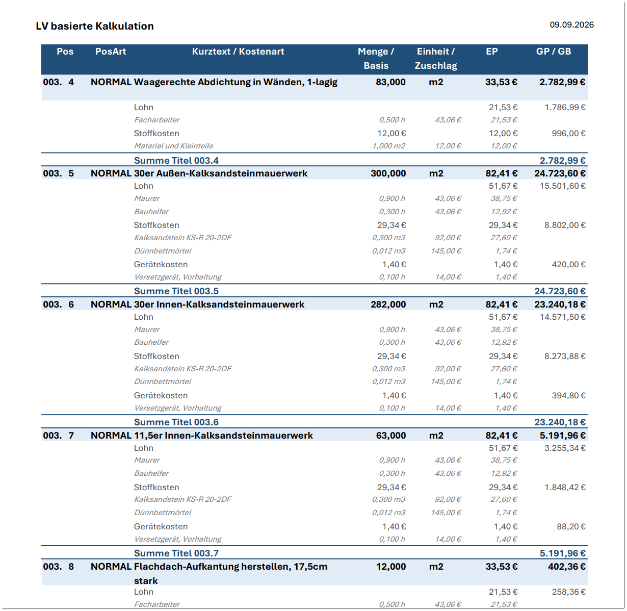 Kalkulation je LV-Position drucken: Update 1.2 für Excel EFB-EKT-Detail